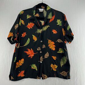 Clio Petites Vintage Shirt Sz PL Short Sleeve Button Up Fall Leaf Made USA Black